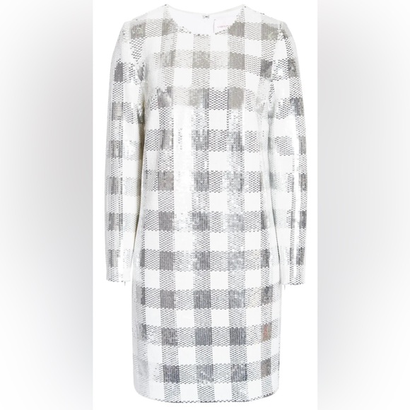 CAROLINA HERRERA Sequin Gingham Check Minidress w Long Sleeves - size 12 - NWT - Picture 2 of 15